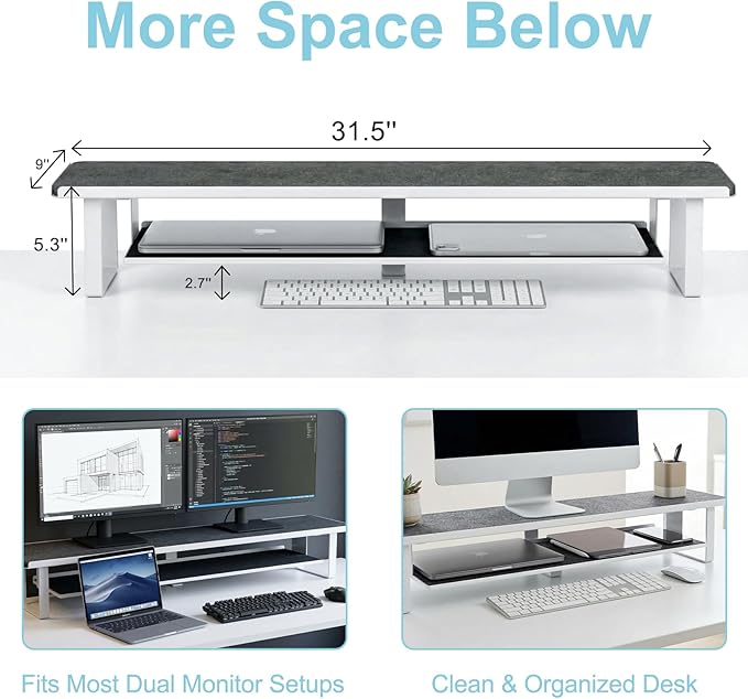 Carbon Steel Dual Monitor Stand Riser, 31.5 Inch Extra Wide & Thick Heavy Duty 2 Tier Desktop Organizer with Pull Out Storage Drawer, Ergonomic Desk Stand for Curved & Gaming Monitors Home Office