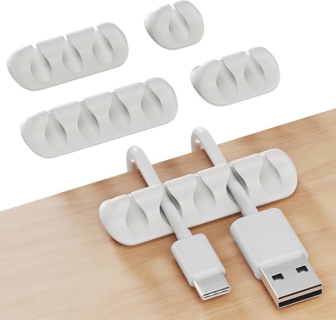 GLUIT Cord Organizer for Desk, Cable Holder for Nightstand, Charger Organizer, Adhesive Desktop Wire Clips, Multislot Cable Management, Table Organizer Accessories - 5 Pack, 15 Slots, White