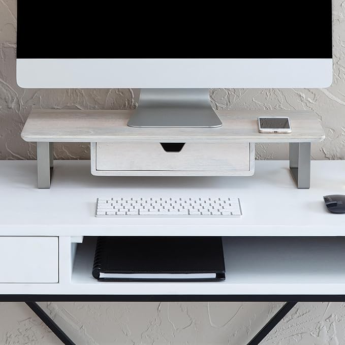 Anji Mountain Monitor Stand - Desktop Organizer & Laptop Riser, Ergonomic Monitor Riser, Space-Saving Monitor Stand for Desk, Durable Construction, Easy Assembly, Ideal for Home & Office,White Wash