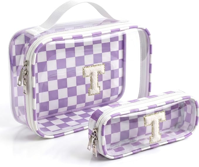 LETGO Initial Makeup Bags for Women, Personalized Portable Cosmetic Bag with Zipper,Cute Beach Makeup Pouch, Bridesmaid Gifts for Wedding Day,Girl Preppy Trendy Stuff Beach Essentials(T,Purple&Beige)
