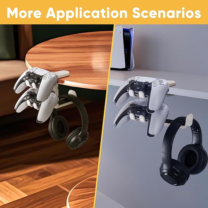 3-in-1 Under Desk Headphone Hanger with Adjustable Clamp Mount, 2 Controller Slots & 1 Headset Universal Holder Stand, Rotatable Hook Rack & Cable Organizer, for Home Gaming Xbox ps5 - White
