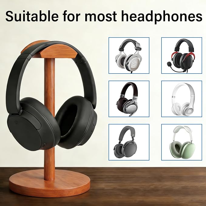 Solid Walnut Wood Headphone Stand with Storage Base | Universal Wooden Headset Holder for Gaming & Office,Compatible with Bose,Sony,Sennheiser,Razer,Beats,PS5