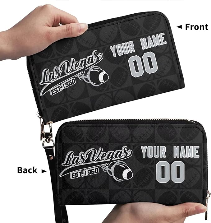 Custom Sports Team Zip Organizer Wallet-Personalized PU Leather Wallet with Name Number,Multi-Card Slots,Wrist Strap,Fan Gift for Men Women.