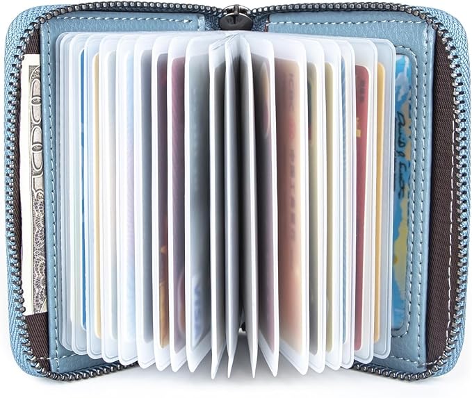 Suweibuke Genuine Leather Credit Card Holder Zipper Wallet RFID Blocking Secure Card Case ID Case Organizer (Light Blue)