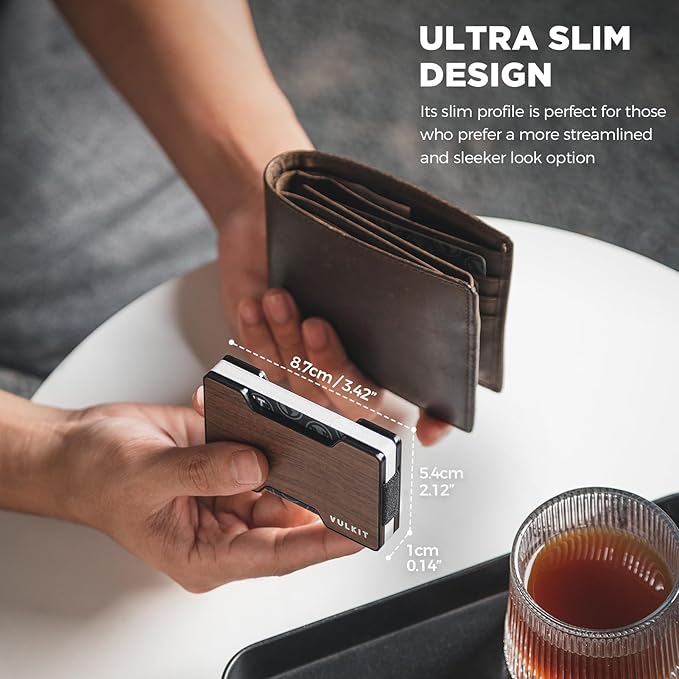 VULKIT Men's Metal Wallet with Money Clip Slim Credit Card Holder, Minimalist Business Card Case Front Pocket Wallet for Men(Wood)