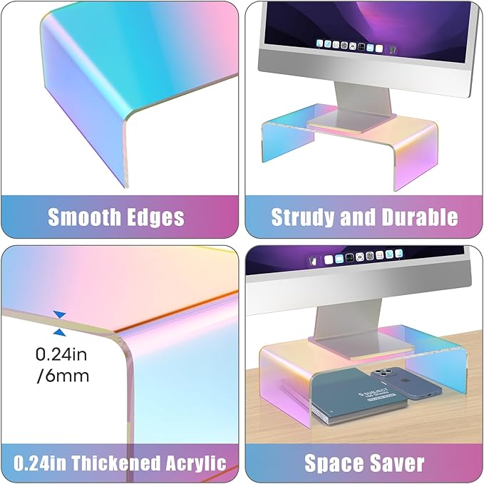 NiHome Iridescent Acrylic Computer Monitor Stand, Acrylic Laptop/PC/Desktop Stand Riser for Desk, Durable, Ergonomic Design, Space Saving for Home and Office