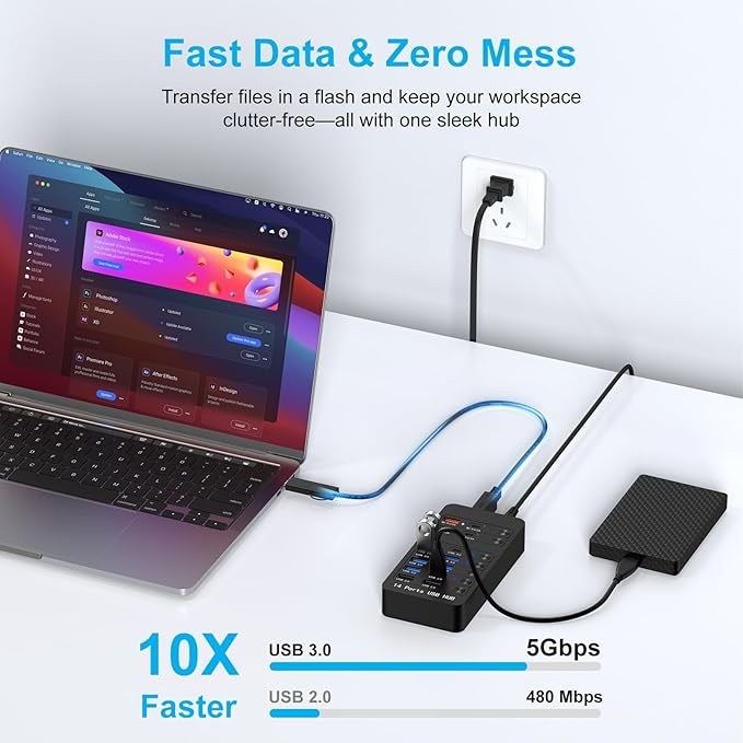 Powered USB Hub, 14 Ports USB Splitter with Individual Power On/Off Switches, 60W Power Adapter for Mac, PC, and More