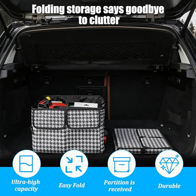 Car Trunk Organizer, Collapsible Waterproof Automotive Storage Cargo Organizer, Multi Compartment Portable Vehicle Container Box Accessories, Universal for Truck SUV Minivan (Checkerboard)