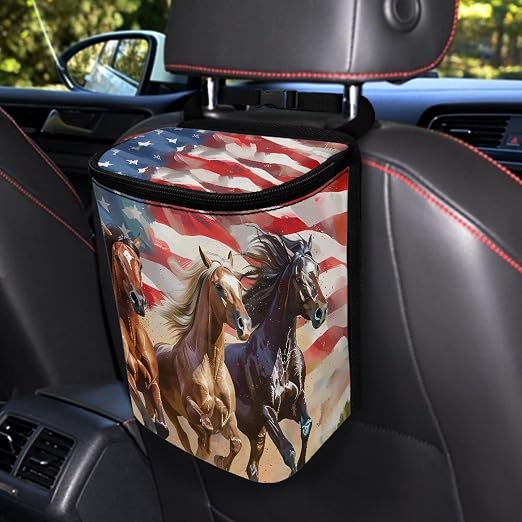 Biyejit American Flag Horse Car Trash Can with Lid Collapsible Car Garage Bag Reusable Hanging Automotive Garbage Bin with Adjustable Strap Car Accessories Interior Car Organizer 4th of July Gift