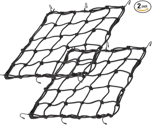 15.7"x15.7" 2Pack Bungee Cargo net Motorcycle, Made of Latex Heavy Duty Bungee Net Stretches to 33"x33", Luggage Thicken Netting with3 x3 Small Mesh&6 Adjustable Metal Hooks for Motorcycle, Bike, ATV