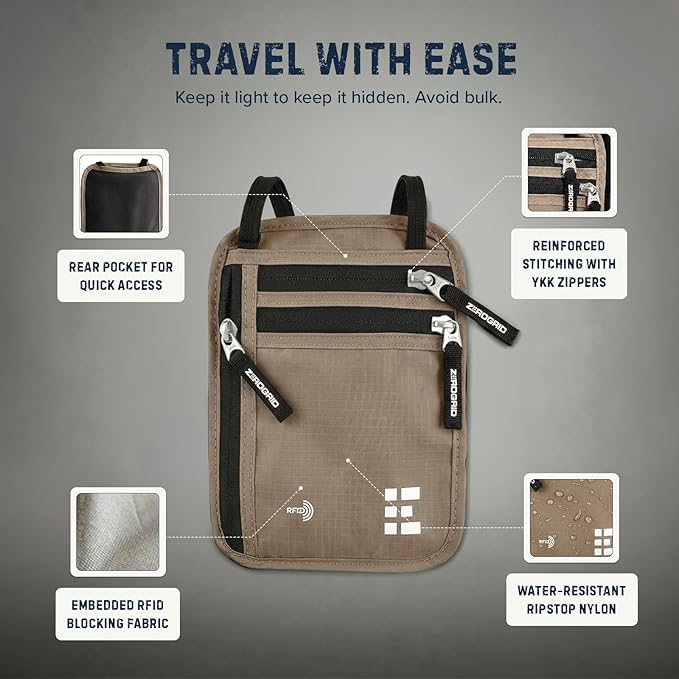 Neck Wallet for Travel & Passport Holder with RFID Blocking - Slim & Easy to Conceal Nylon Travel Pouch for men & women - Holds Phone, Cash, Cards, Keys - Sweat & Water Resistant - Large - Beige