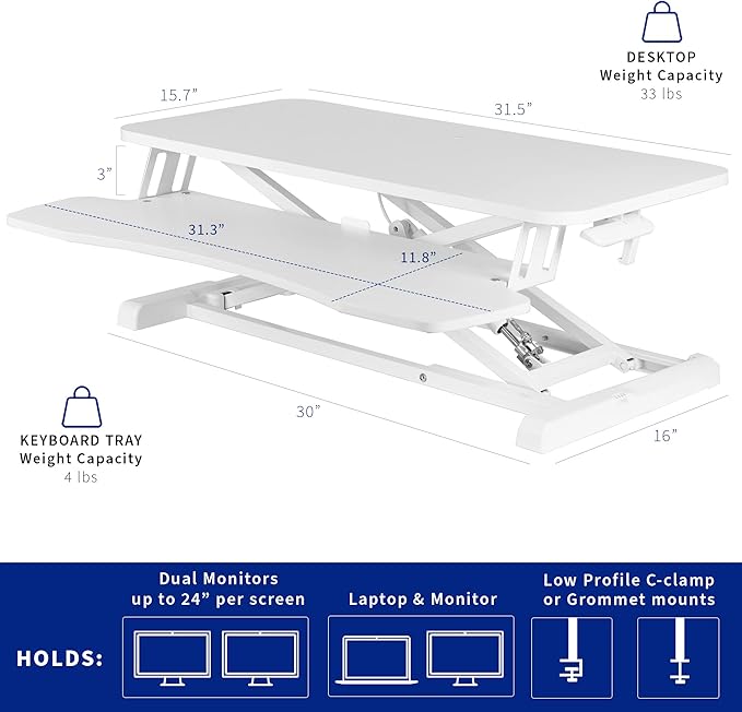 VIVO 32 inch Desk Converter, K Series, Height Adjustable Sit to Stand Riser, Dual Monitor and Laptop Workstation with Wide Keyboard Tray, White, DESK-V000KW