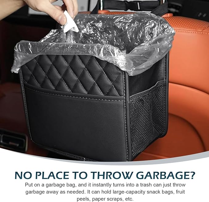 Car Seat Back Organizer, 10" x 10" Multifunctional Auto Backseat Hanging Storager with Side Pockets, Big Capacity Waterproof Wear-Resistant PU Leather Garbage Can for Most Cars (Black)