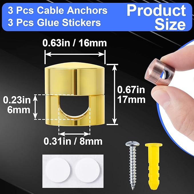3 Sets Charger Holders for Cords, Adjustable Cable Anchor Holders, Adhesive Metal Cord Clips, Cable Management Wire Organizers for Desk, Office, Nightstand - Gold, Red Bronze, Silver