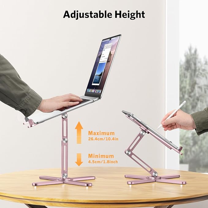 OMOTON 360° Rotating Laptop Stand Riser for Desk, Ergonomic Foldable Computer Stand Adjustable Height Angles for Collaborative Work, Easy Storage Fit Macbooks,All Laptops up to 16 inches, Pink