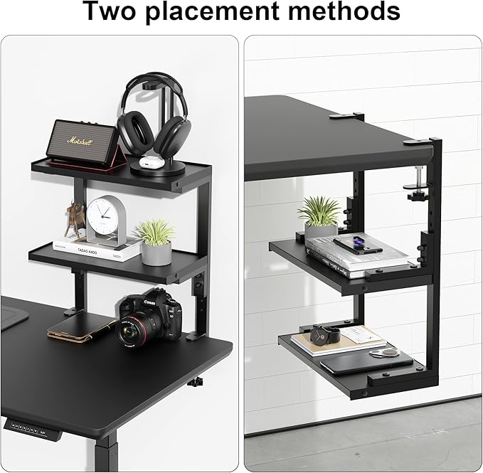2-Tier Desk Shelf, Expandable Under Desk Storage, Clamp on Desk Shelf, Desktop Accessories for Offices, Study Rooms, and Game Rooms (Black)