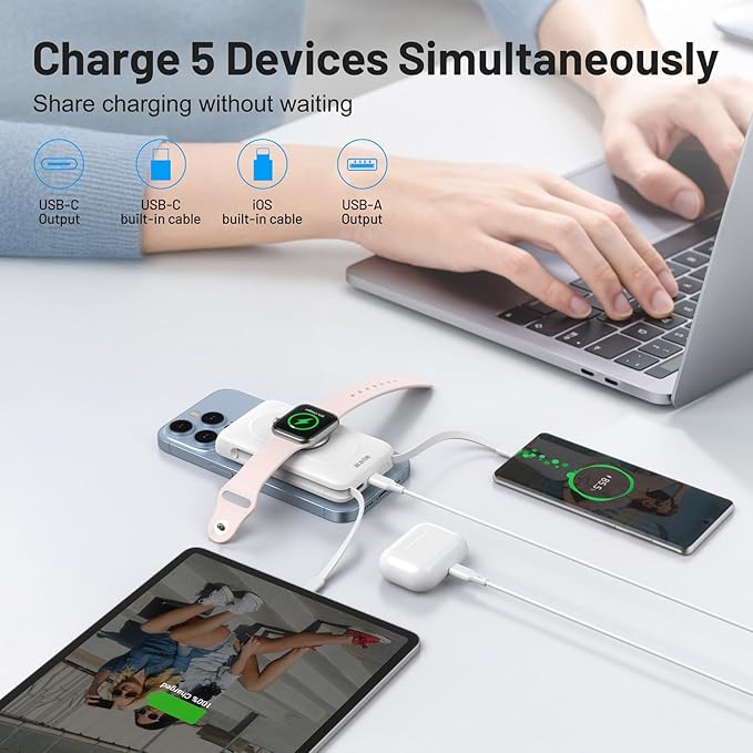 BLAVOR for Magsafe Portable Charger with Built-in Cables, 10000mAh Wireless Magnetic Power Bank with Stand, USB C 20W PD Fast Charging Travel Battery Pack for iPhone 17/16/15/14/13/12 and Apple Watch