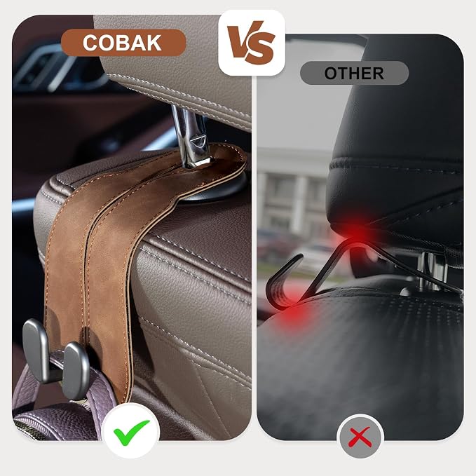 CoBak Purse Hook for Car - Universal Premium Stitched Leather and Aluminum-Magnesium Alloy Double Car Seat Back Storage Hook for Purses, Handbags, Bags (4 Pack),Brown