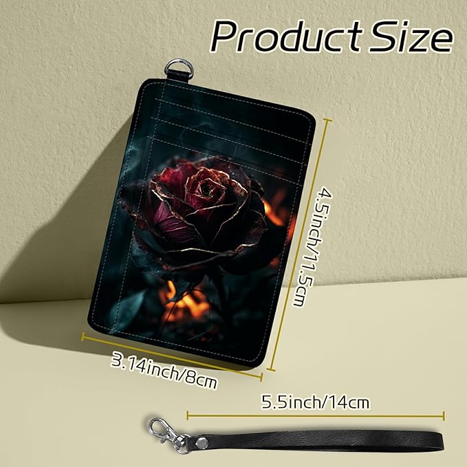 Small Travel Wallets, Burning Rose Slim Minimalist Front Pocket Wallet with Wristlet, RFID Blocking PU Leather Credit Card Holder with ID Window Change Purse for Men Women