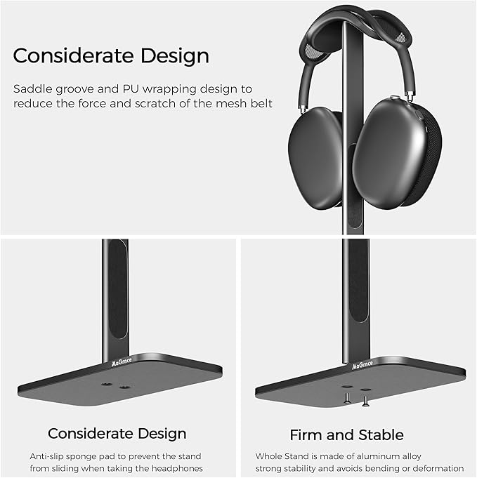 Headphone Stand for Airpods Max with Sleep Mode Aluminum Headphone Holder with Anti-Slip Base & Protective Leather Pad for Home/Game Room/Shop Headphone Storage/Display (Dark Grey)