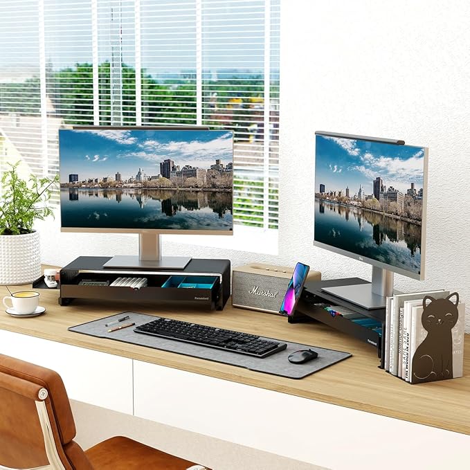 Heavy Duty Metal Monitor Stand, Strong Support Desk Organizer with Storage Shelf, Ergonomic Riser for Computer, Laptop & Printer, Space-Saving Desktop Organizer for Office Home