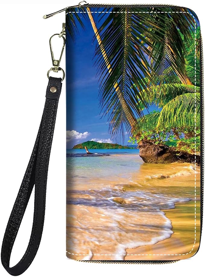 Women's Large Capacity Wallet PU Leather Zip Around Clutch Purse Multifunctional Wallet with Removable Wristlet Strap for Smart Phone/Coin/Card/Cash, Shore Palms Tropical Beach