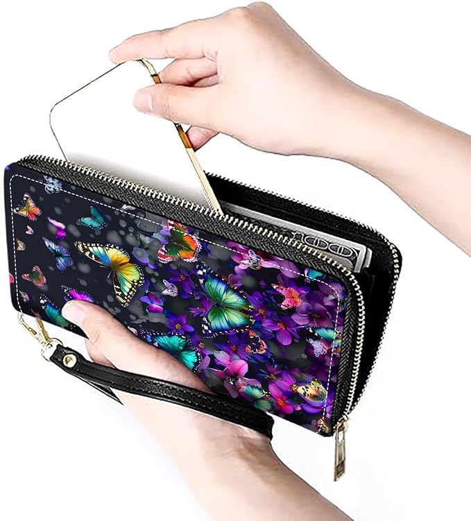 Women's Large Capacity Wallet PU Leather Zip Around Clutch Purse Multifunctional Wallet with Removable Wristlet Strap for Smart Phone/Coin/Card/Cash, Colorful Butterfly