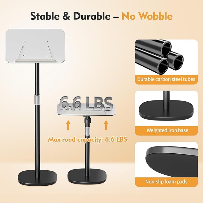 Floor Book Stand - Height Adjustable 26.4-56.3" Reading Holder with Page Clips, 180° Tilting Aluminum Panel for Heavy Books, Sheet Music, Laptops & Projectors - Portable Podium Stand