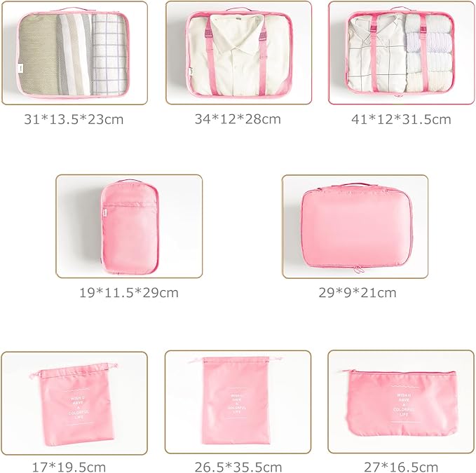8 Set Packing Cubes for Suitcases Travel Luggage Packing Organizers,Travel Essentials Luggage Organizer Accessories for Shoe Bag Tioletry Bag Laundry Bag (Pink)