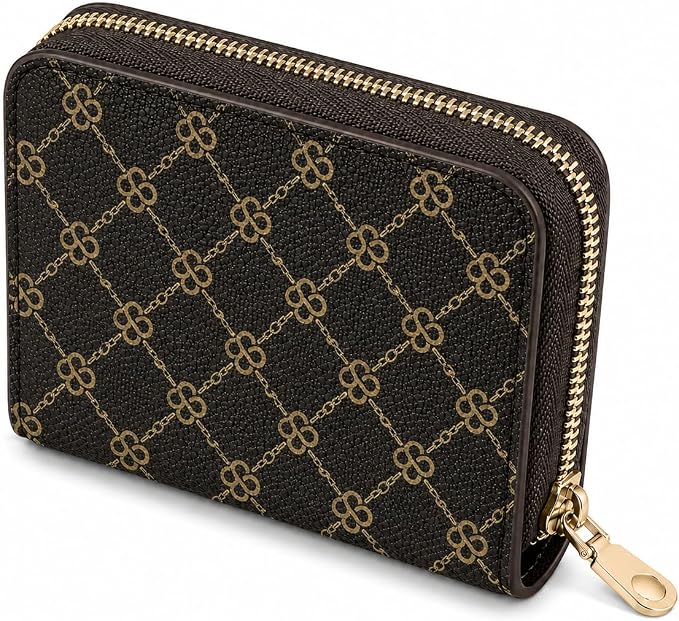 Ladies change card bag, zip storage bank card case, small portable 11 large capacity pouch, holds banknote change credit card (Brown grid)
