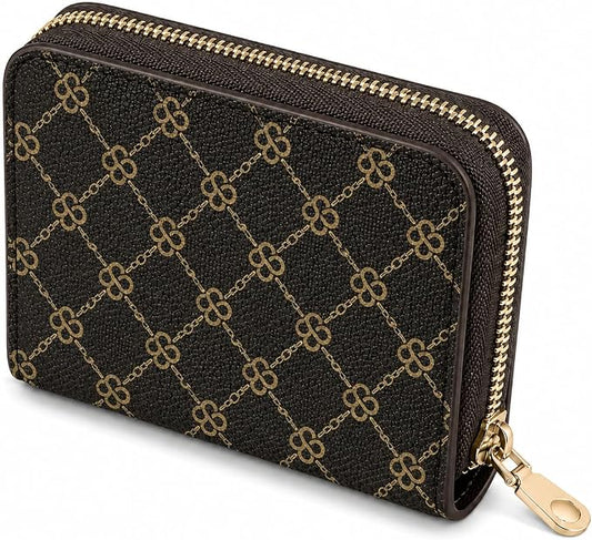 Ladies change card bag, zip storage bank card case, small portable 11 large capacity pouch, holds banknote change credit card (Brown grid)