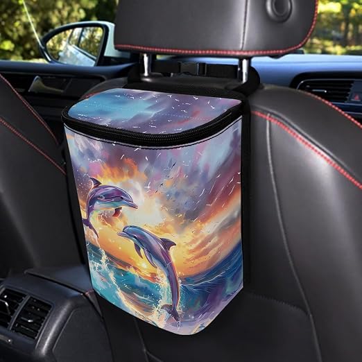 Biyejit Sunset Dolphins Car Trash Can Bin for Back Seat Leak Proof, Cute Trash Bag Hanging for SUV Truck Van, Automotive Vehicle Garbage Cans Front Seat
