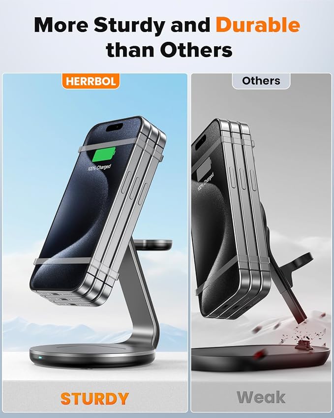 HERRBOLAI 3 in 1 Charging Station Compatible with Magsafe Charger Wireless Charger Stand for iPhone 17 16 15 14 13 12 Wireless Charging Station for AirPods Wireless Charging Stand for iWatch Series