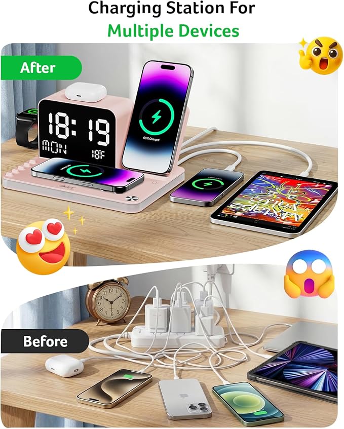 Acer 7-in-1 Wireless Charging Station with LED Clock - 30W Fast Wireless Charger for iPhone 16/15/14/13/12/Pro Max, Apple Watch, AirPods - Bluetooth Auto Time Sync & Night Lights (Pink)
