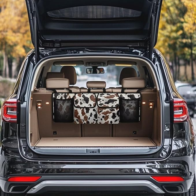 Large Capacity Car Backseat Trunk Organizer with Adjustable Straps Black Hanging Brown Cow Spots Trunk Storage Bag