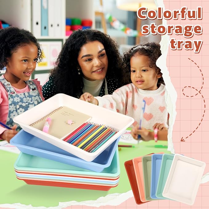 12 Pack Letter Size Flat Storage Paper Tray Organizer Bin Tray Plastic Stackable File Organizer for Classroom Library School Office Teacher Desktop Book Organization (Boho)