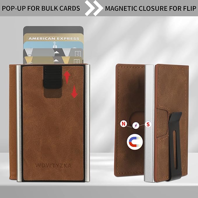 Mens slim Wallet，with RFID Shielding, Holds 9 Cards Easily, card wallet for Men, Minimalist Wallet For Men, Made of aluminum and Pu Synthetic Leather, Includes Cash clip (Brown)