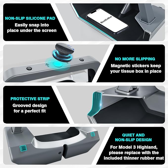 BestEvMod for 2026+ Tesla Model Y Juniper/2026 2025 2024+ Model 3 Highland Upgrade Under Screen Storage Strong Magnet Install No Tape Needed with Protective Edge for Screen Corners OEM Design