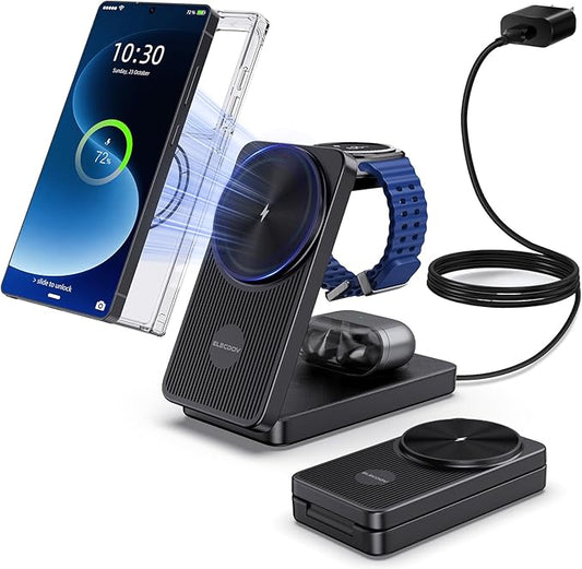 3 in 1 Magnetic Wireless Charger for Samsung, Foldable Android Charging Station for Galaxy S26/S25 Ultra /S24/Z Fold 7/Flip 7, Magnetic Watch Charger Stand for Galaxy Watch Ultra 8/7/Buds 3 for Travel