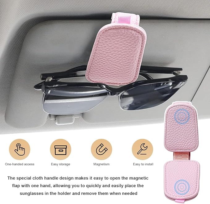 2 PCS Sunglasses Holders for Car Visor, Magnetic Leather Eyeglasses Hanger Mounter Ticket Card Clip, Auto Sun Visor Glasses Holder Business Card Organizer for Men Women (Pink)
