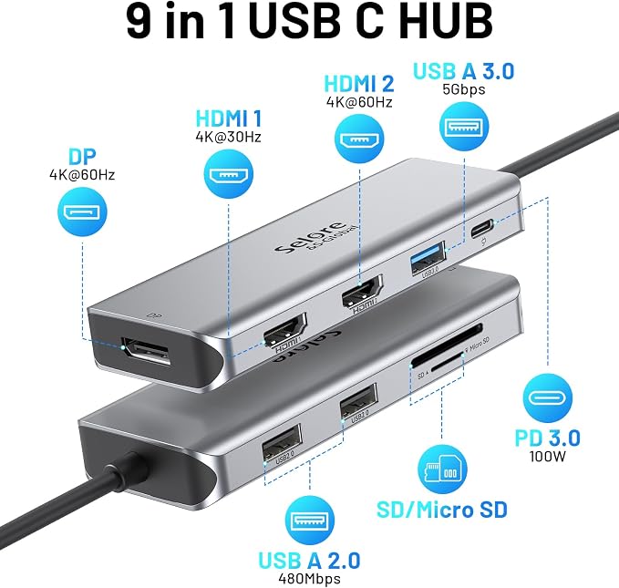 USB C Docking Station Dual Monitor, 9 in 1 Triple Display Docking Station to Dual HDMI Adapter Displayport SD/microSD Card Reader, 2 USB 2.0, 1 USB 3.0, 100W PD for USB C Thunderbolt 3/4 Laptops