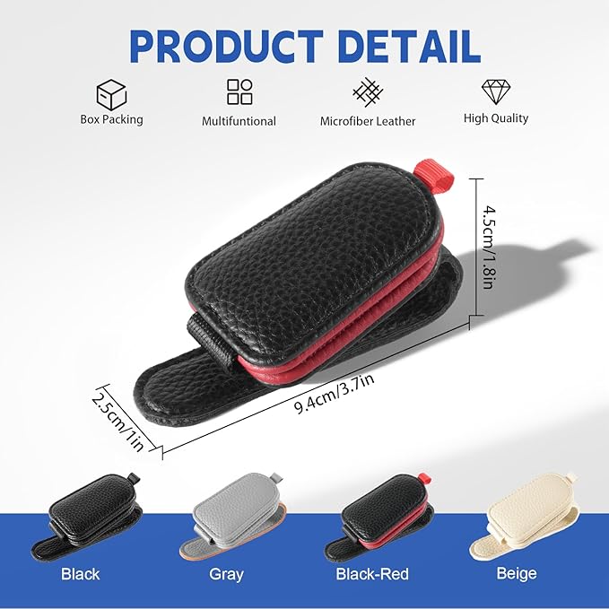 JUSTTOP 1Pack Sunglass Holder for Car, Magnetic Leather Buckle Sun Visor Sunglass Clip, Ticket Card Clip Sunglasses Mount, Car Interior Accessories for Men and Women (Black-Red)