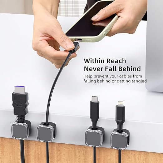 Magnetic Cord Clips, 6 Pack Cord Organizer Holder for Desk Office Accessories, Cable Holder Hide Phone USB Power Wire Cord Clips for Management Home Nightstand Kitchen Appliances, Clear Black