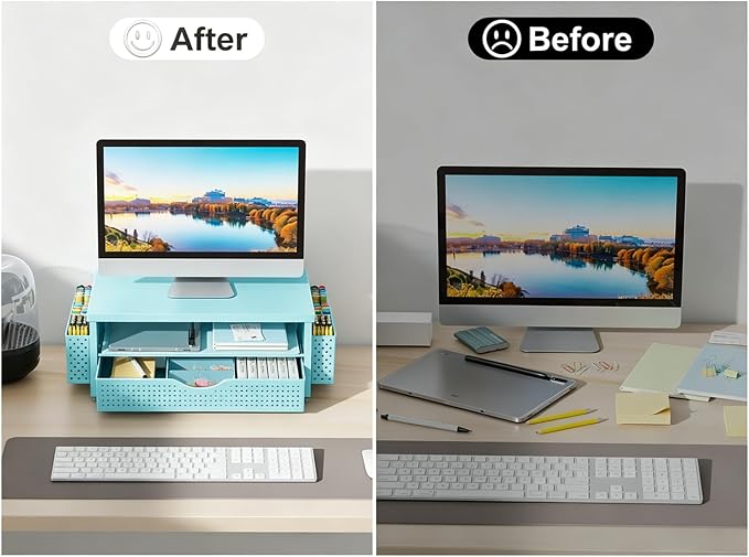 gianotter Desk Organizers and Accessories, Monitor Stand with Drawer and 2 Pen Holder, Desktop Organizer Suitable for Offices and Dormitories (Blue-Plain)