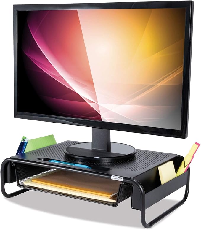 Allsop 32166 Metal Art Organizer 5 Riser Monitor Stand with Drawer and Side Caddies, Black