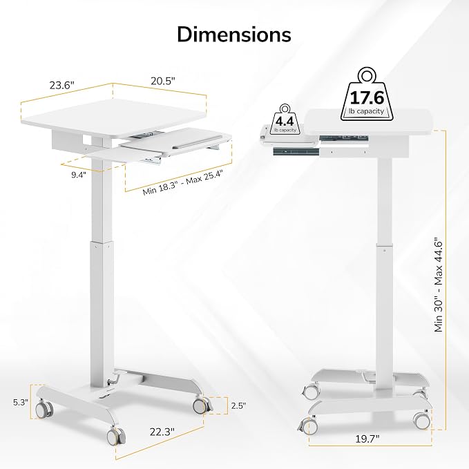 Mount-It! Height Adjustable Rolling Laptop Desk with Keyboard Tray, Mobile Sit-Stand Computer Cart with Wheels, Small Standing Desk for Home, Office, or Classroom, 23.6" x 20.5", White