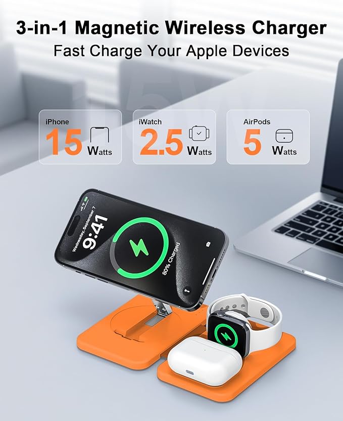 3 in 1 Magnetic Wireless Charger for Apple Multiple Devices, Foldable Fast Charging Station - Magsafe Charger Stand, Travel Charger Pad for iPhone 17 16 15 14 13 12 Series/Apple Watch/AirPods Orange
