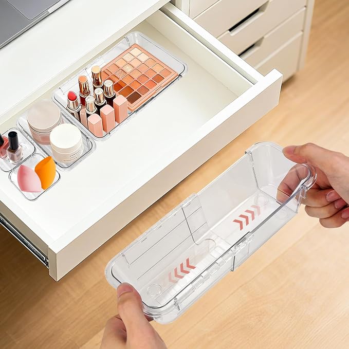 Yummy Sam 16PCS Expandable Drawer Organizers, 2-Size Clear Acrylic Storage Box, Expanding & Adjustable Drawer Organizer for Makeup, Vanity, Bathroom, Kitchen, Office