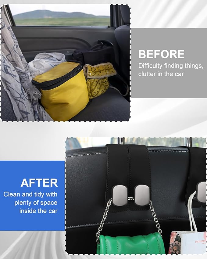 2 Pcs Car Hooks for Headrest, Adjustable Vehicle Seat Back Car Organizers and Storage Accessories, Universal Fit Double Metal Leather Purse Holder for Car(Black)