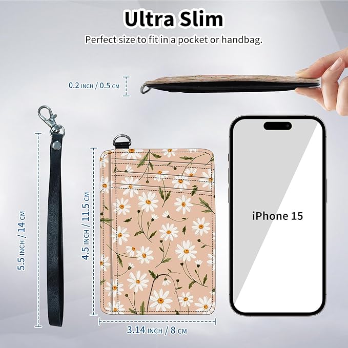 Slim Minimalist Front Pocket Wallet,Credit Card Holder Wallet for Women Men,RFID Blocking Credit Card Holder Case Leather Cute Small Thin Wallet ID Window&Wrist Strap,White Daisy Flower